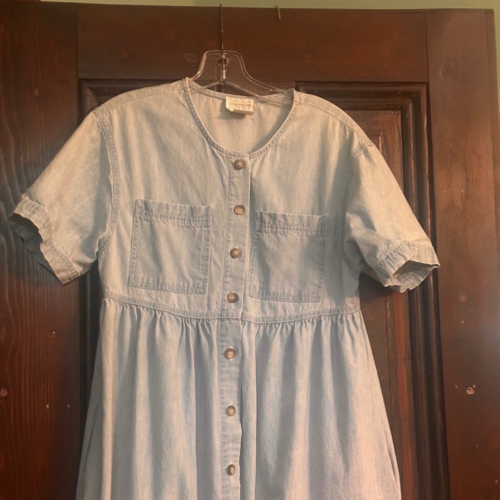 VODA Denim Button Front Maxi Dress Short Sleeve Light Wash Made in USA Size 4